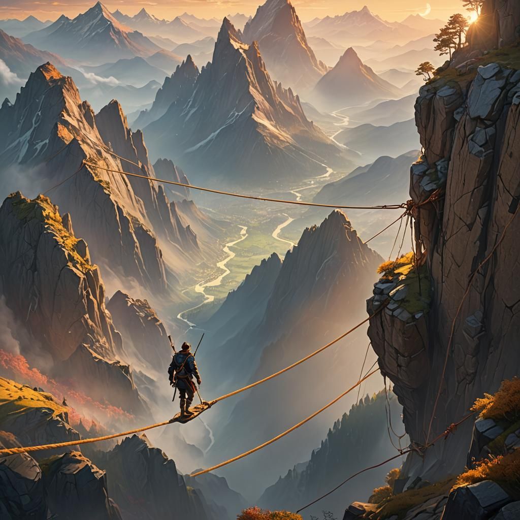 Fantasy Traveler Balances on Mountain Tightrope