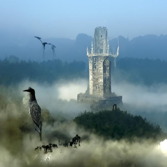 The ancient tower rises out of the fog, and birds of omen ci...