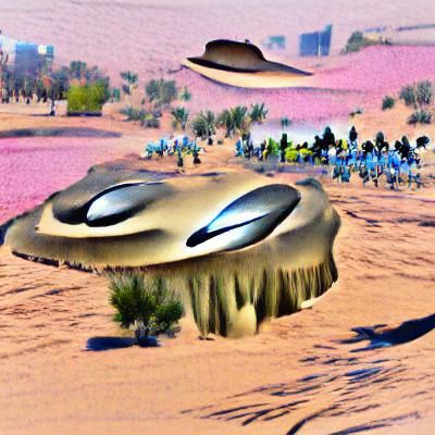 An alien spaceship landing on desert planet