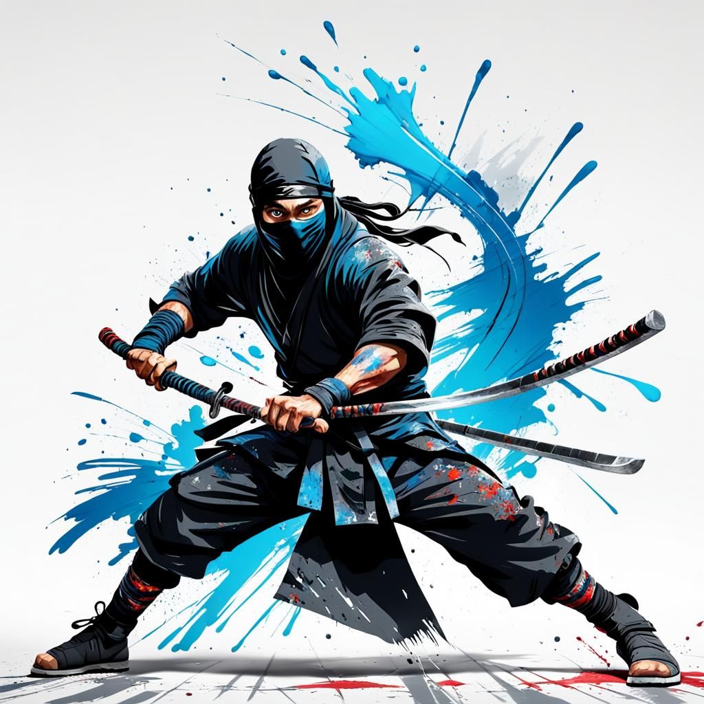 a Ninja, grunge, wielding dual katanas in a fighting action pose - AI ...