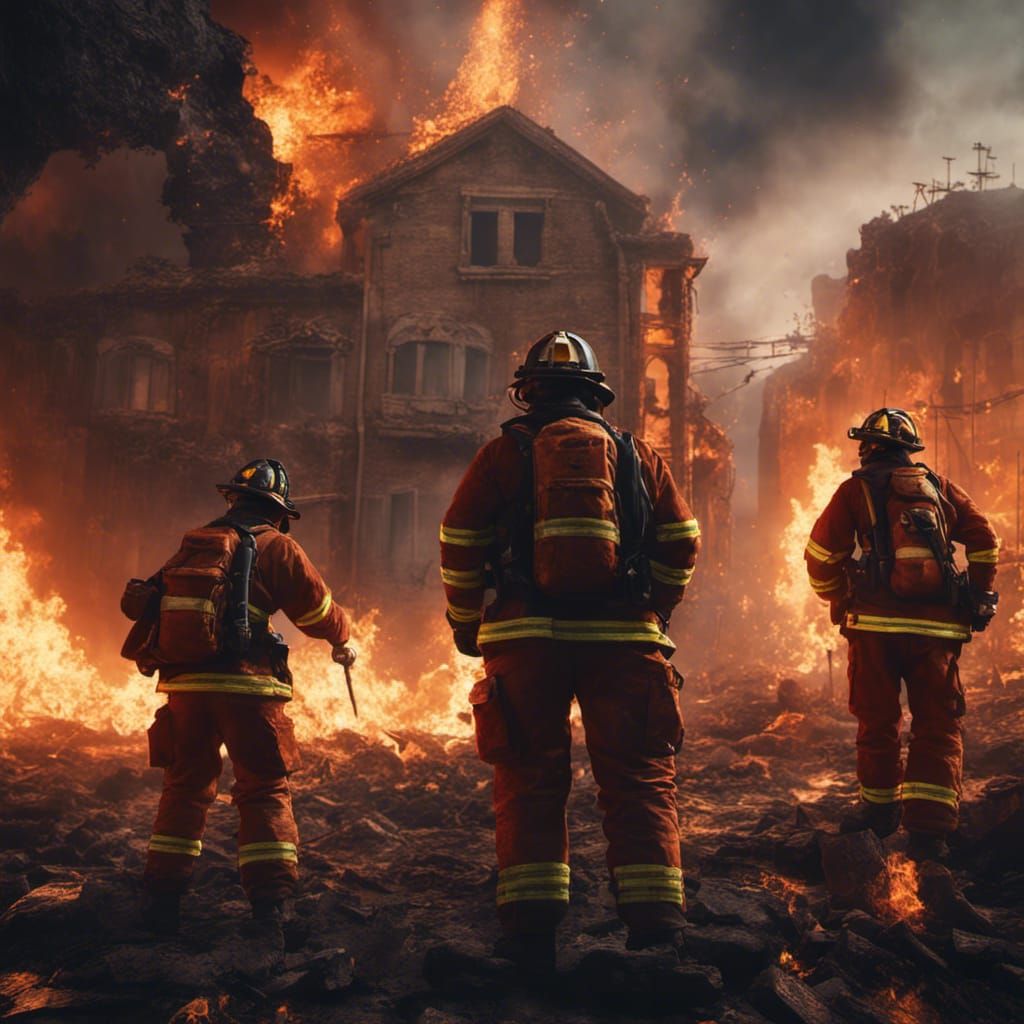 firefighters and in the background fire   by @Murder frog 