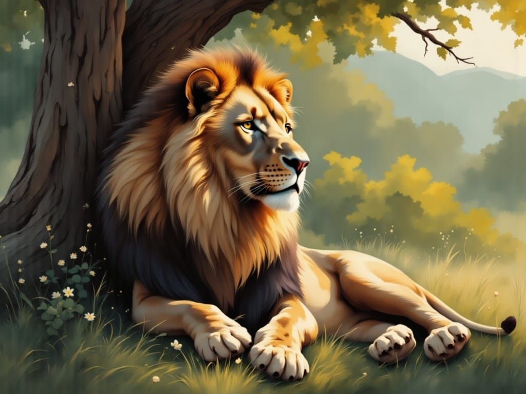 <lora:GAZLayeredArt:1.0> a lion resting in the shade of a tree