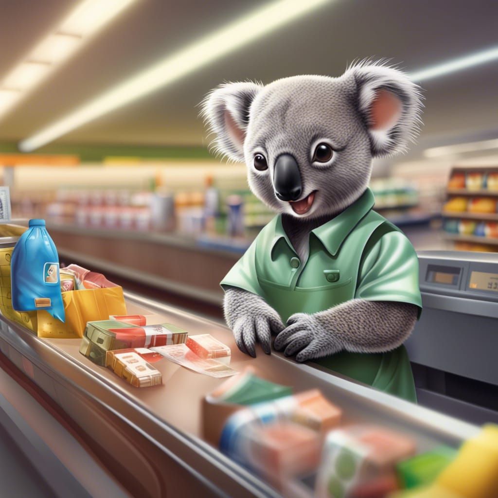 cute baby koala as supermarket shop cashier dressed as a sup...