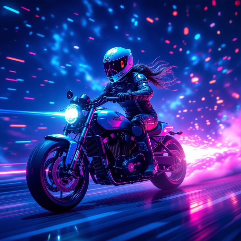 Glitch art. Medium shot. An automaton with a motorcycle helmet rides a cosmic motorcycle through a nebula. Cinematic film still. Distorted d...