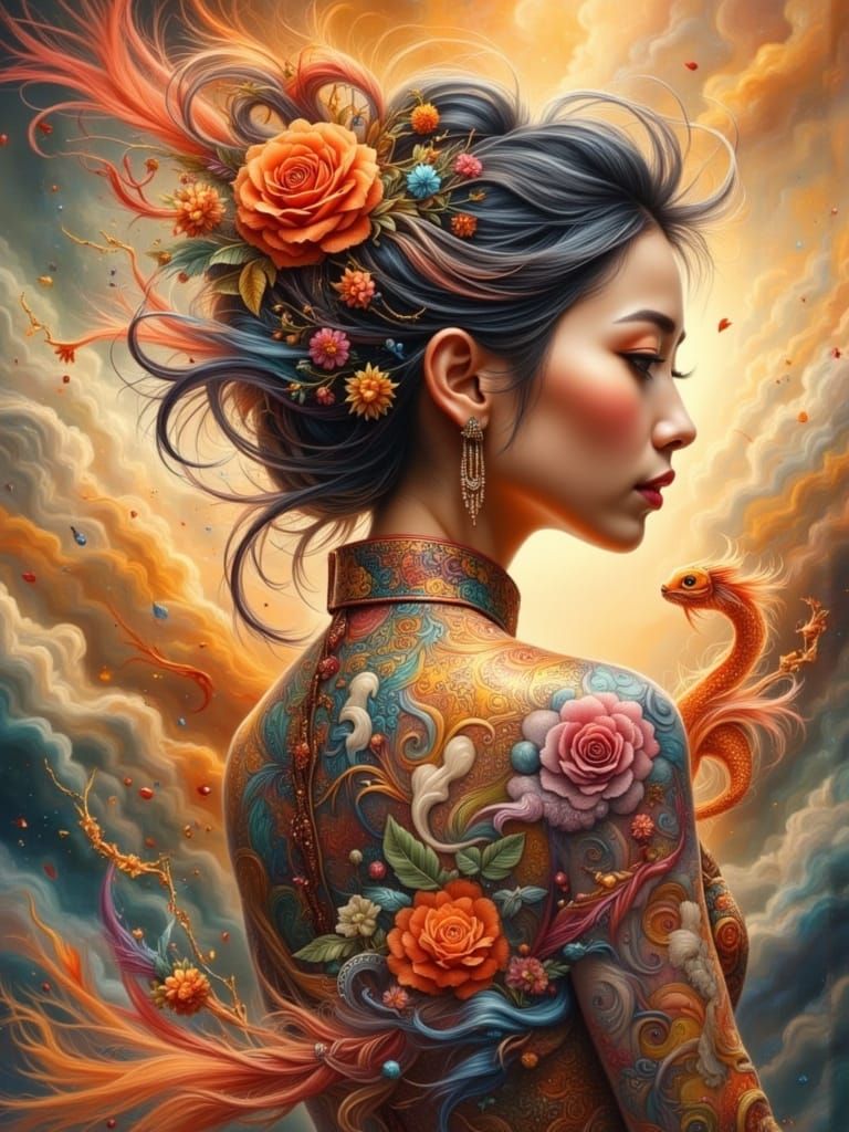 Asian Woman with Symbolic Tattoo, Matte Painting Style