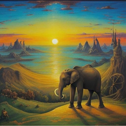 Elephants in Golden Sunset: Neo-Impressionist Painting