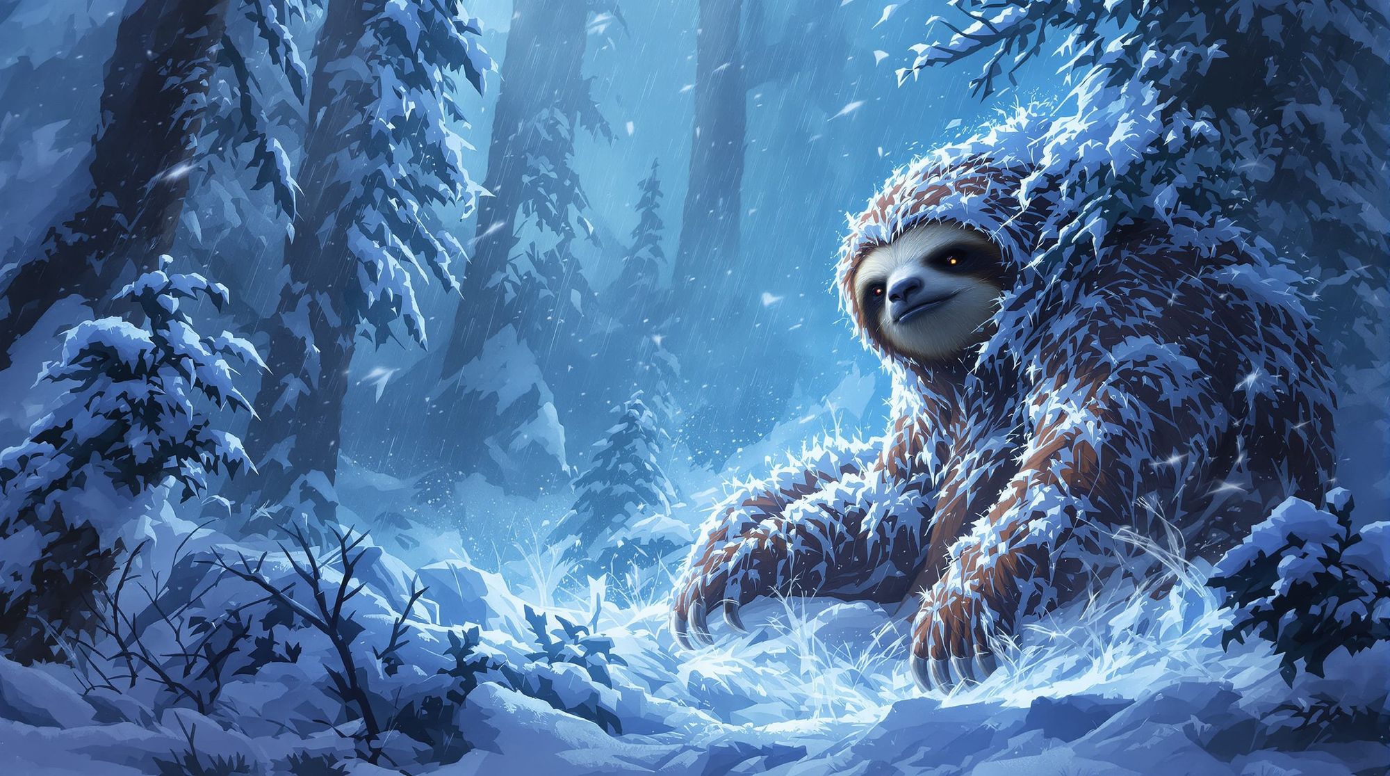 A snowy forest during a raging blizzard. In the foreground, a sloth. The sloth is covering with the snow, snow and ice swirling around. A ep...