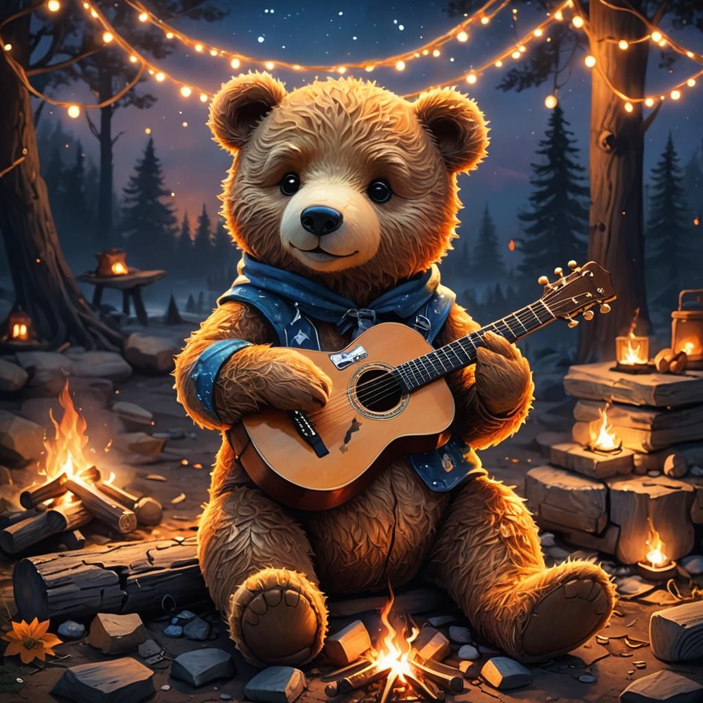 cute teddy bear sitting at a campfire playing a guitarr  by @CFB