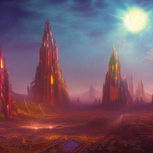 Desert city with towers of stained glass surrounded by magic...