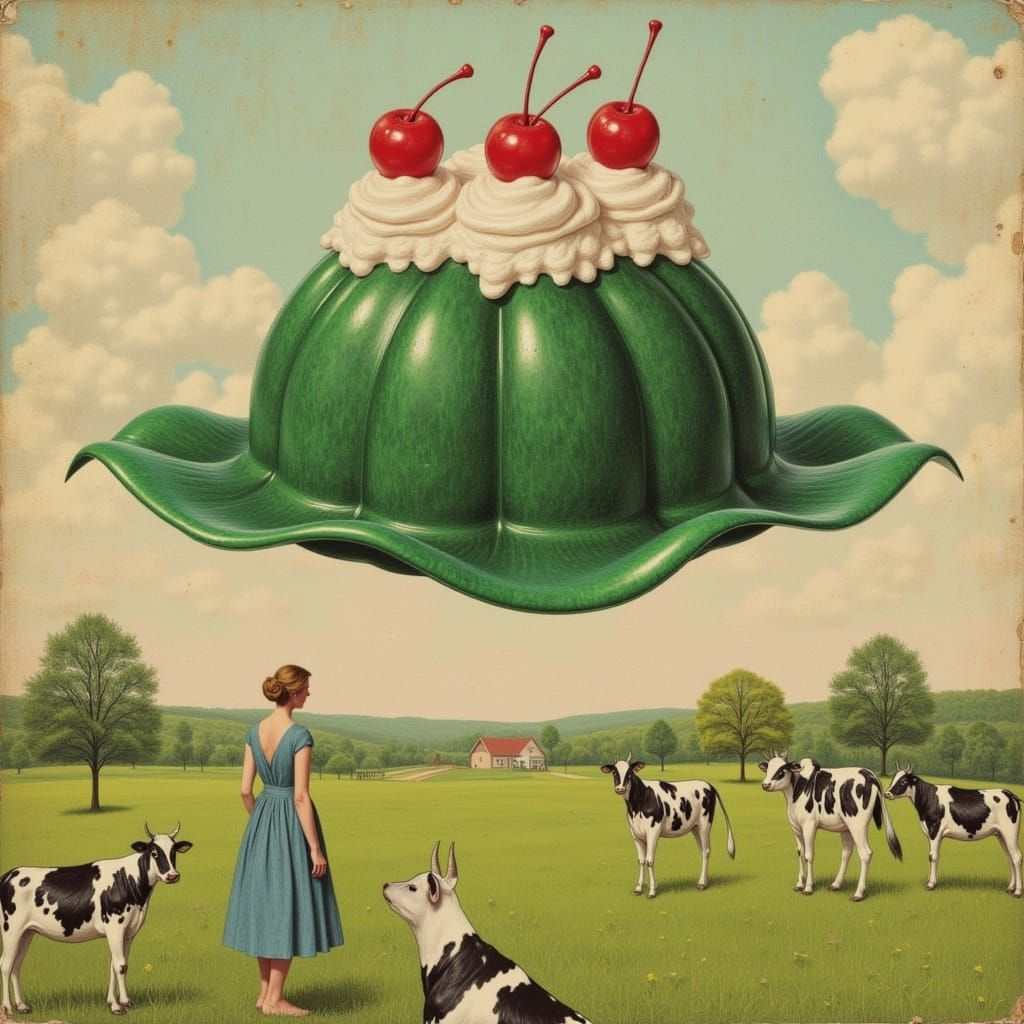 <lora:SurrealRetro:1.0> <lora:Playful Patterns:1.0> <lora:Millionairestyle:1.0> A giant red and white jelly in the shape of an ice cream sun...