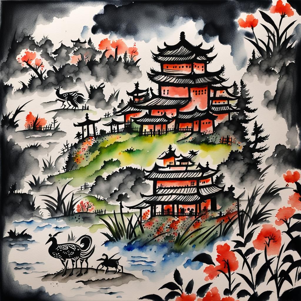 ink drawing + folk painting + oriental + watercolor + natura...