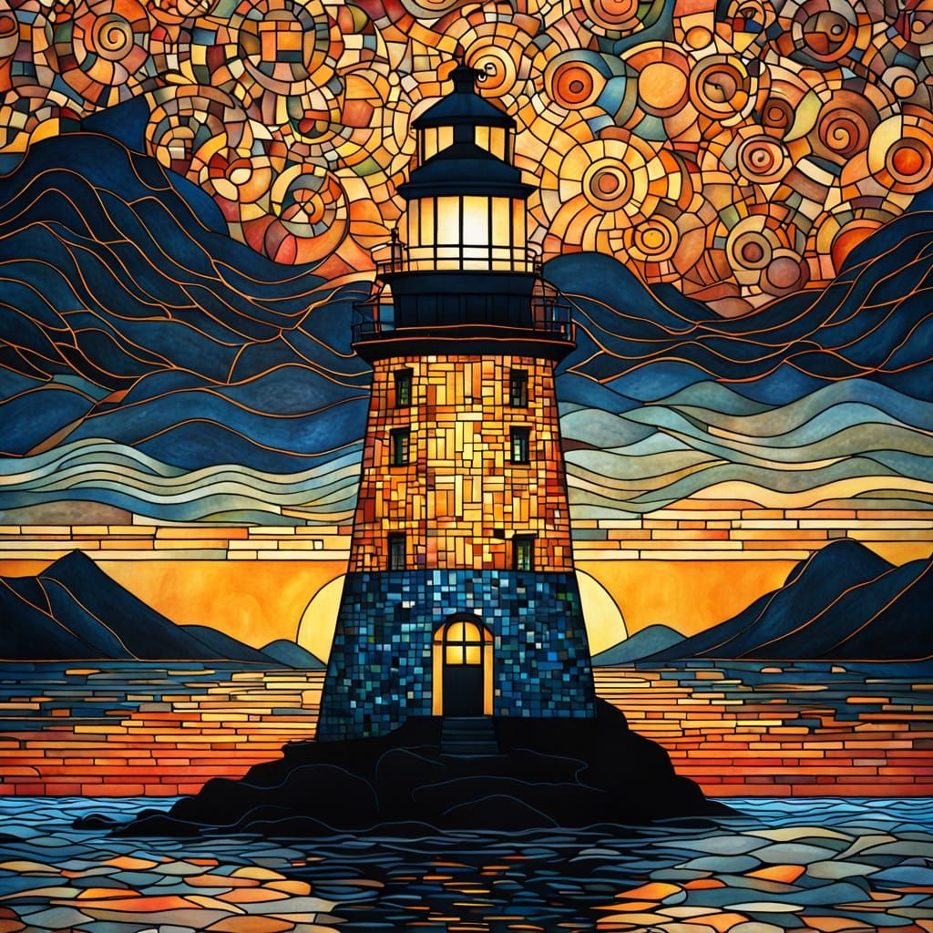 Sunset, geometric lighthouse; Klimt tessellation  by @albionsangel