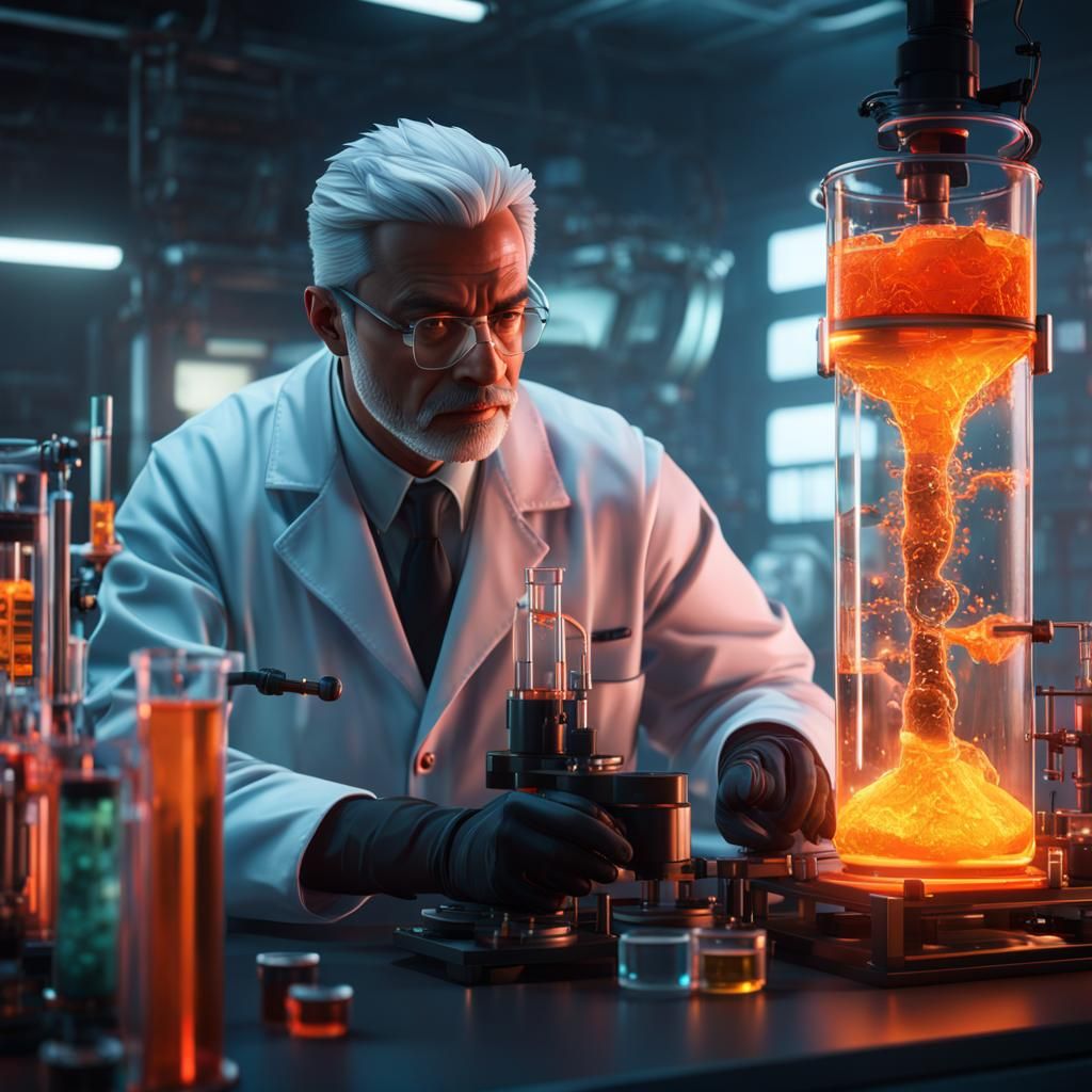 epic realistic, scientist mixing a substance in a beaker, in a white