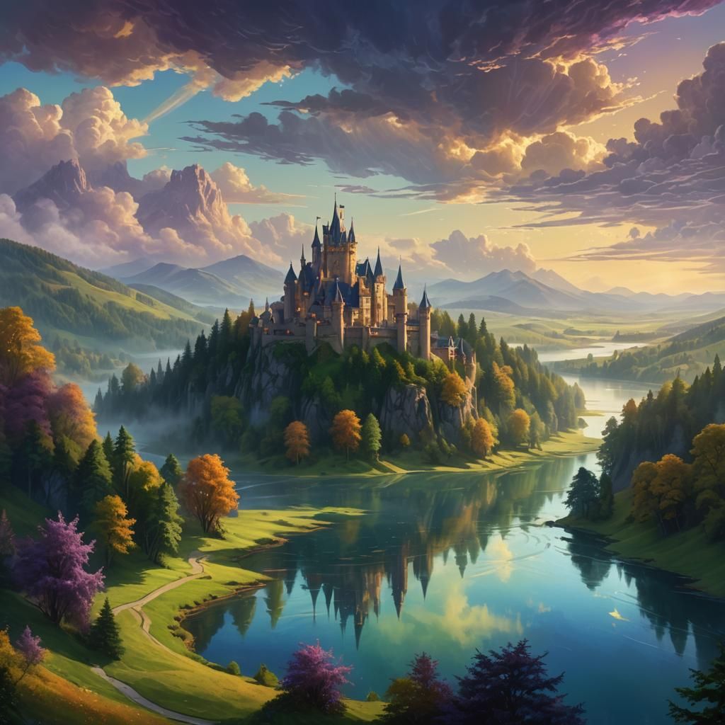 Majestic Castle in Dreamlike Fantasy Landscape