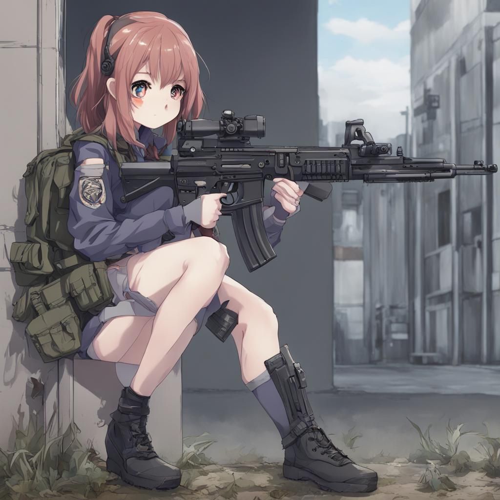 anime girl with a m-16 AR and a guard