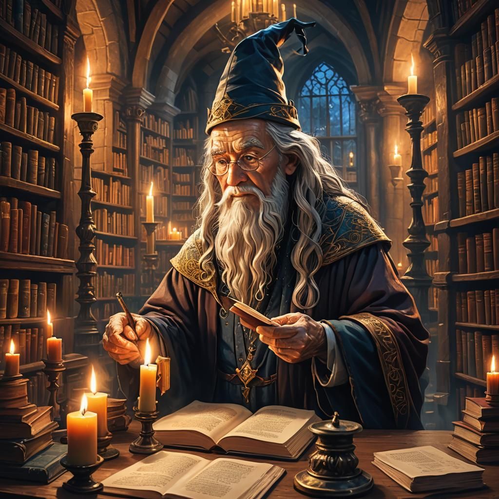 Wise wizard in a library - AI Generated Artwork - NightCafe Creator