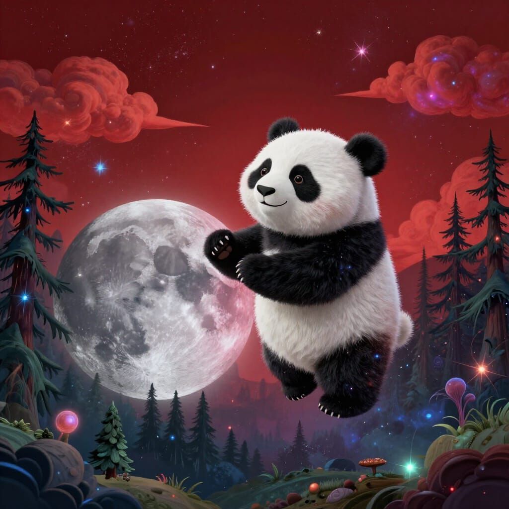 Panda in Space Above Moon, Cosmic Illustration
