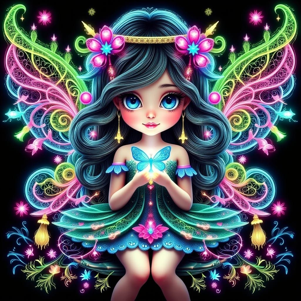 Stunning Fairy Girl with Glowing Pixie and Neon Wings