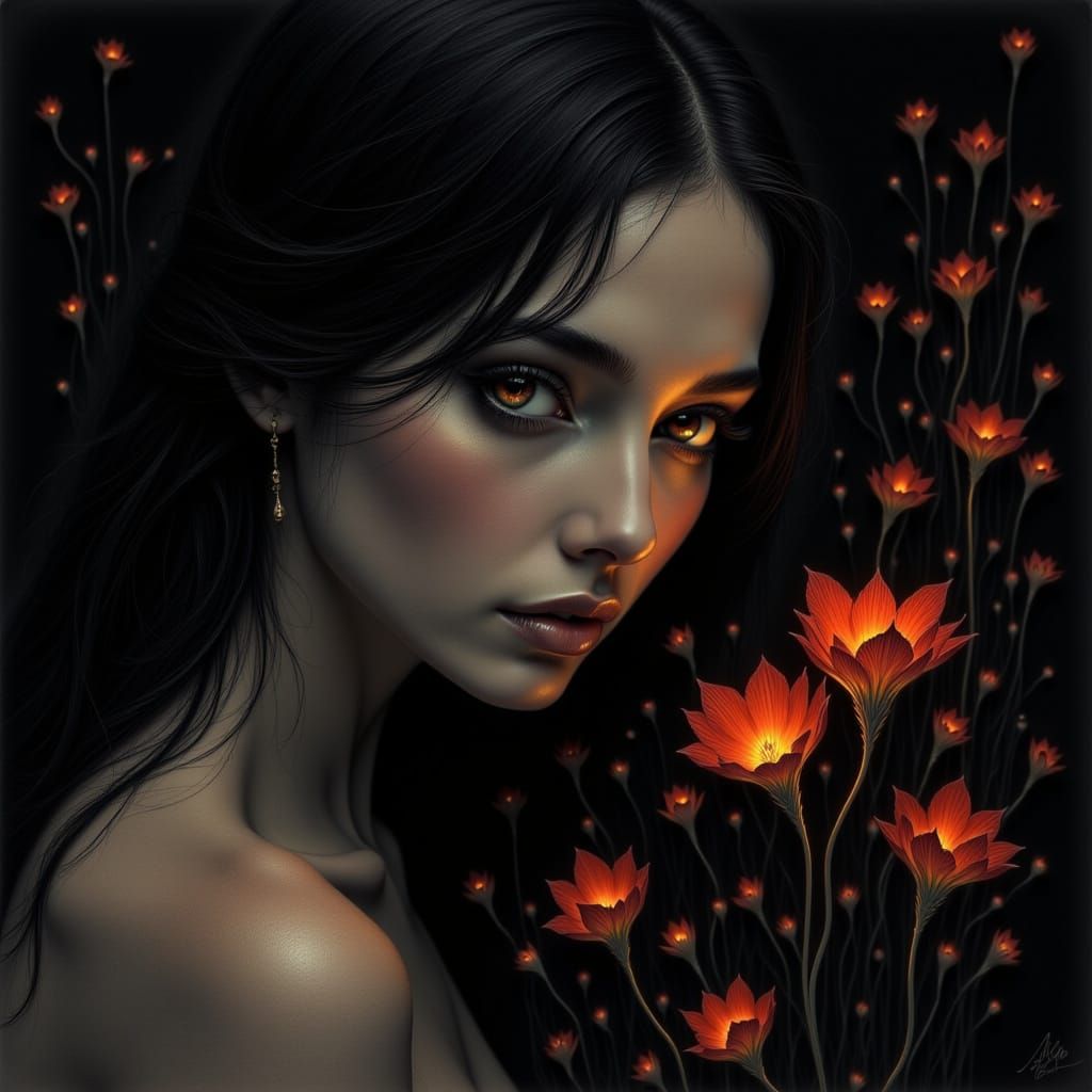 a pencil sketch of a glowing female face against the darkness, there are areas of her face covered <lora:Beautiful Darkness:1.0> by the dark...