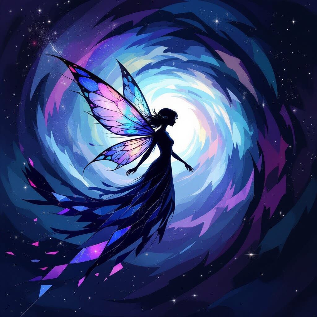 A lone, ethereal fairy drifts through a swirling vortex of cosmic energy. Her wings are like shattered stained glass, catching the light of ...