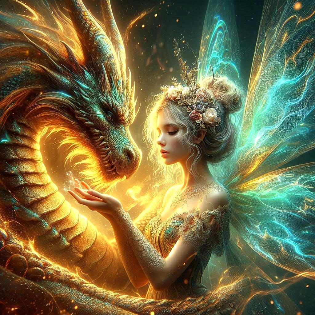 A beautiful fairy using magic to heal a dragon