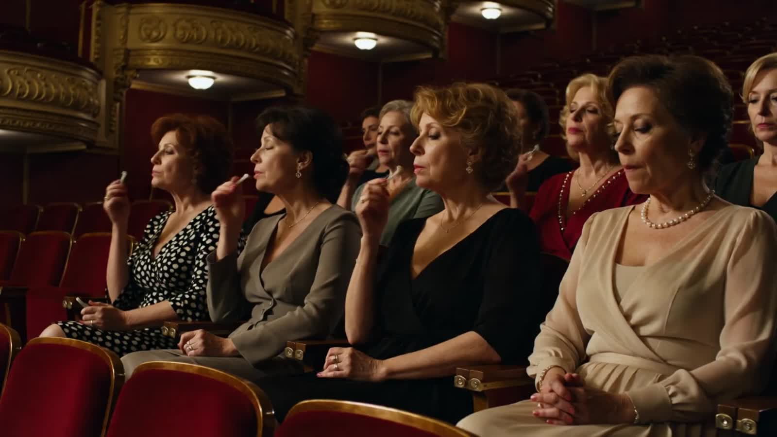 Ladies and gentlemen are sitting in a posh theater and blowing bubble gum.
