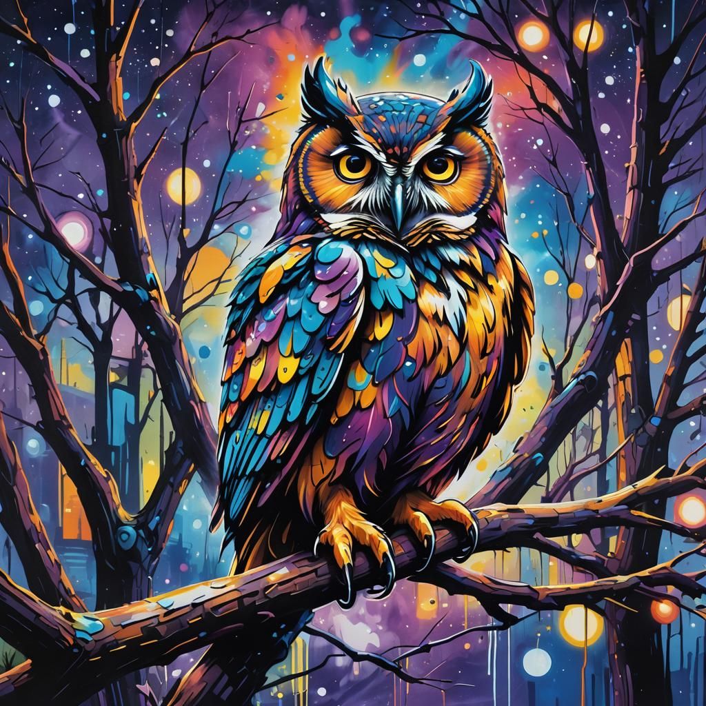 Owl in Graffiti Garden with Glowing Lights