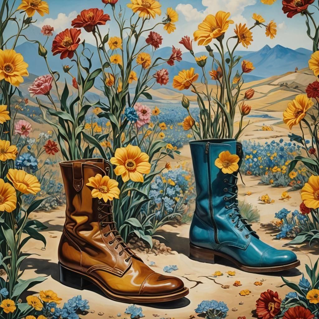 Deux bottes avec des fleurs à l'intérieur style surréaliste 