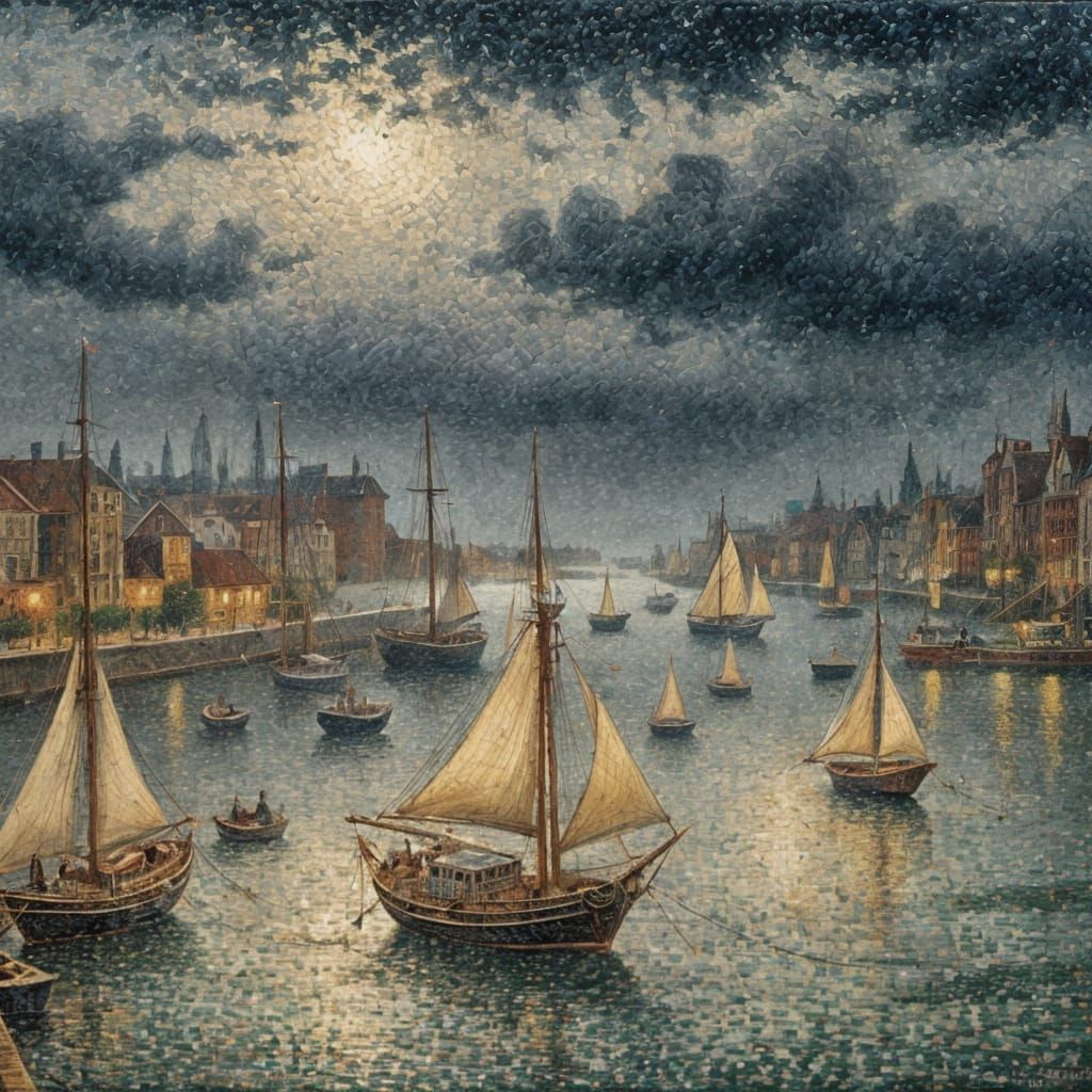 Boats in the harbor during a storm  in the style of Georges-Pierre Seurat, pointillism  by @ButterflyRum