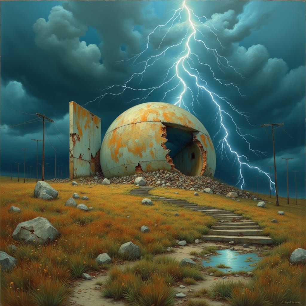<lora:Brutalist Wilderness:1.0> Oil painting of a brutalist dome cracked open by lightning in the style of Paul Kenton and Anselm Kiefer. T...