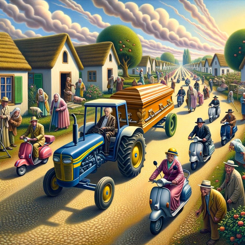 Surreal Funeral Procession in Vibrant Village
