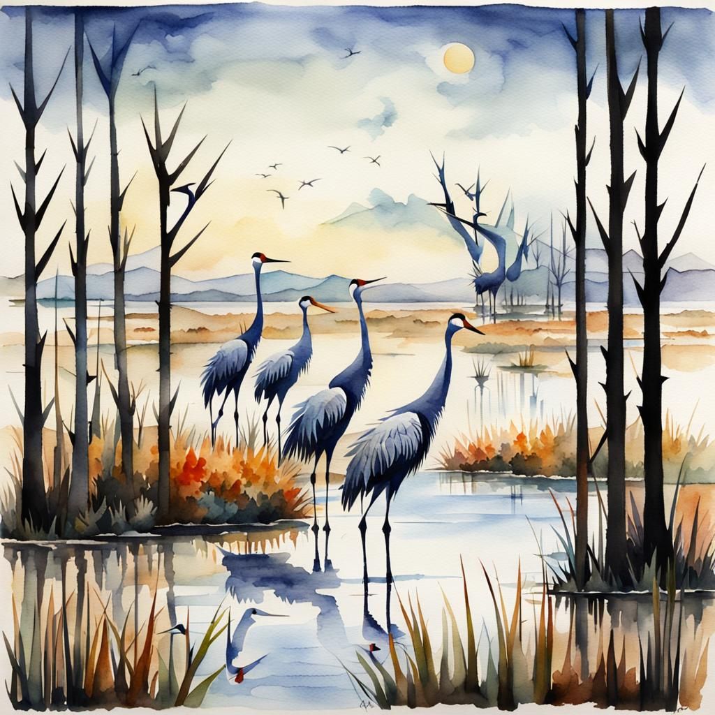 Funky cranes in a marsh, thin spiky trees, surreal landscape...
