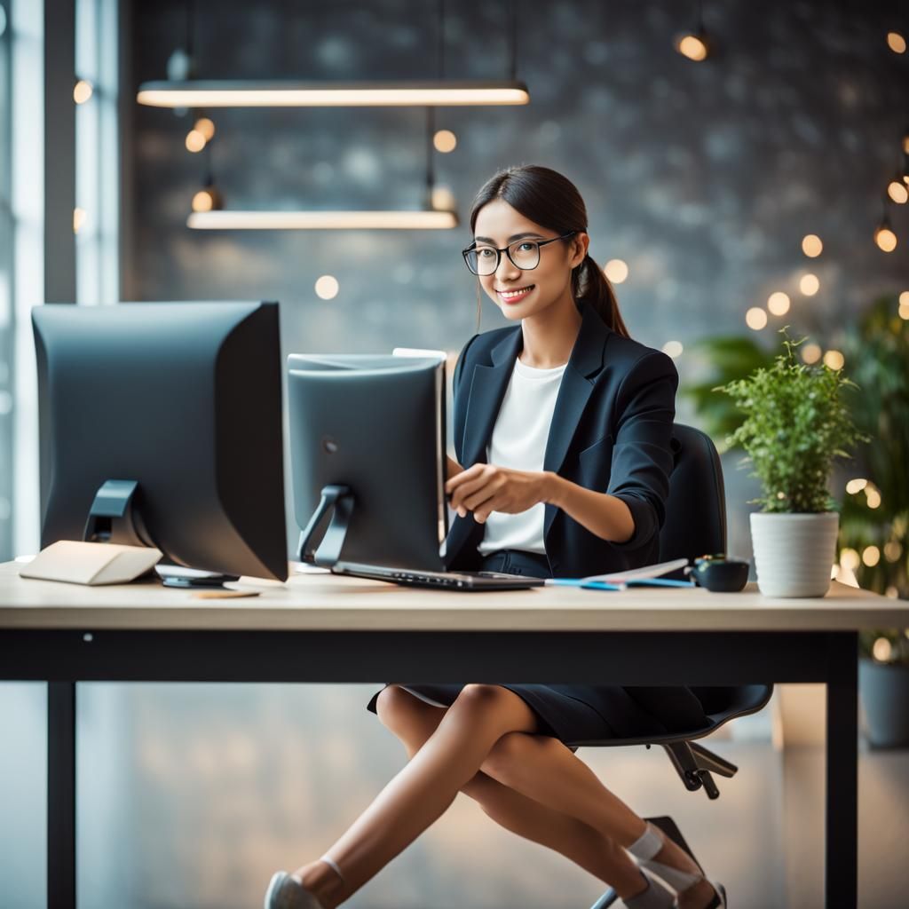 Woman Agent of Digital Marketing sitting on the computer mak...