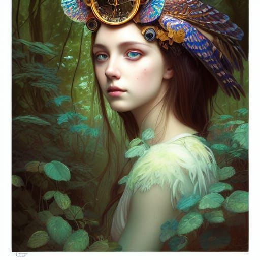 young Gaia, overgrown forest, lake, owl headdress, James Jea...