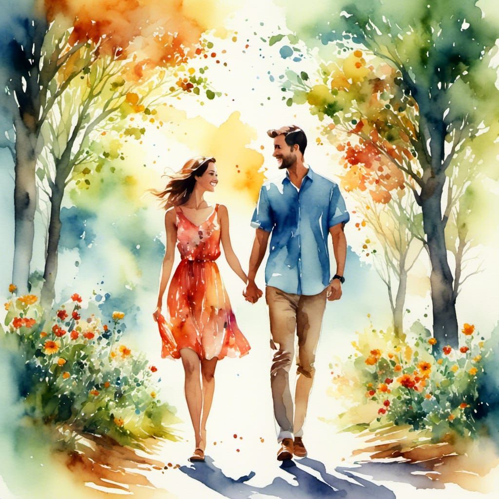 A man and a woman walking together, happy and smiling, hyper detailed digital watercolor illustration, watercolor painting, digital art, smo...