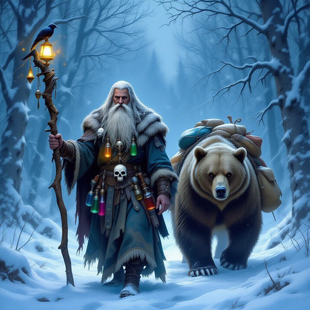 In a freezing storm at night, in the middle of a winter forest, stands a mighty, ancient druid with long gray hair and a beard. He wears clo...