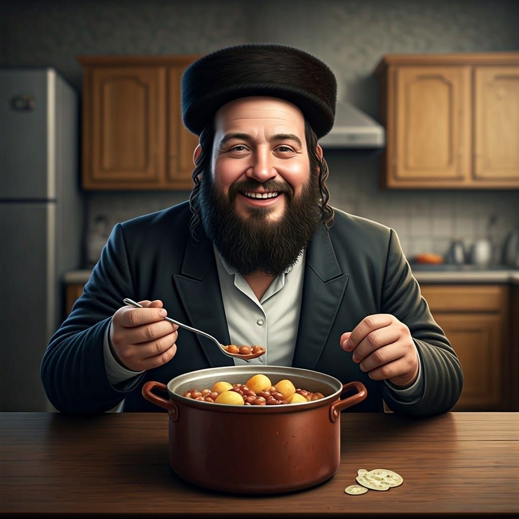 Happy Orthodox Hasidic Jew Enjoys Traditional Lunch in Carto...