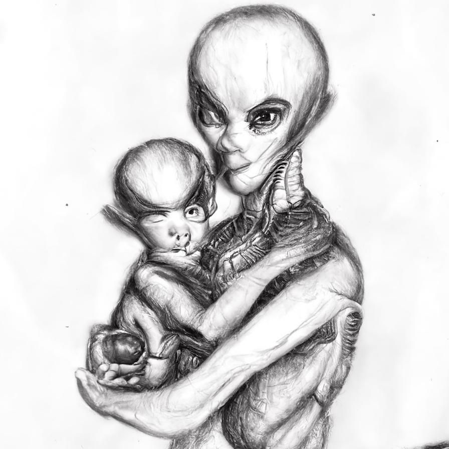 Pencil Sketch Of An Alien Holding A Human Baby - Ai Generated Artwork 