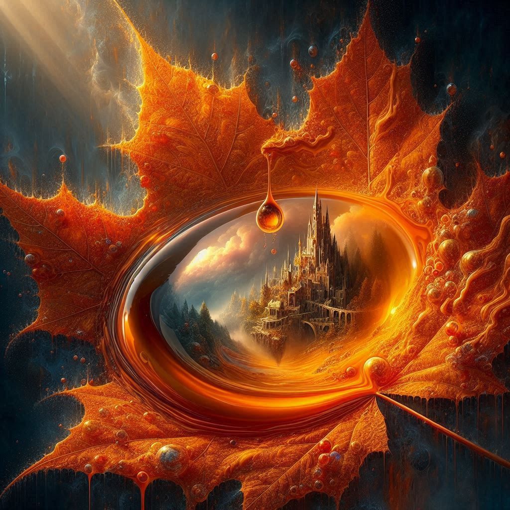 Castle in autumn leaf droplet