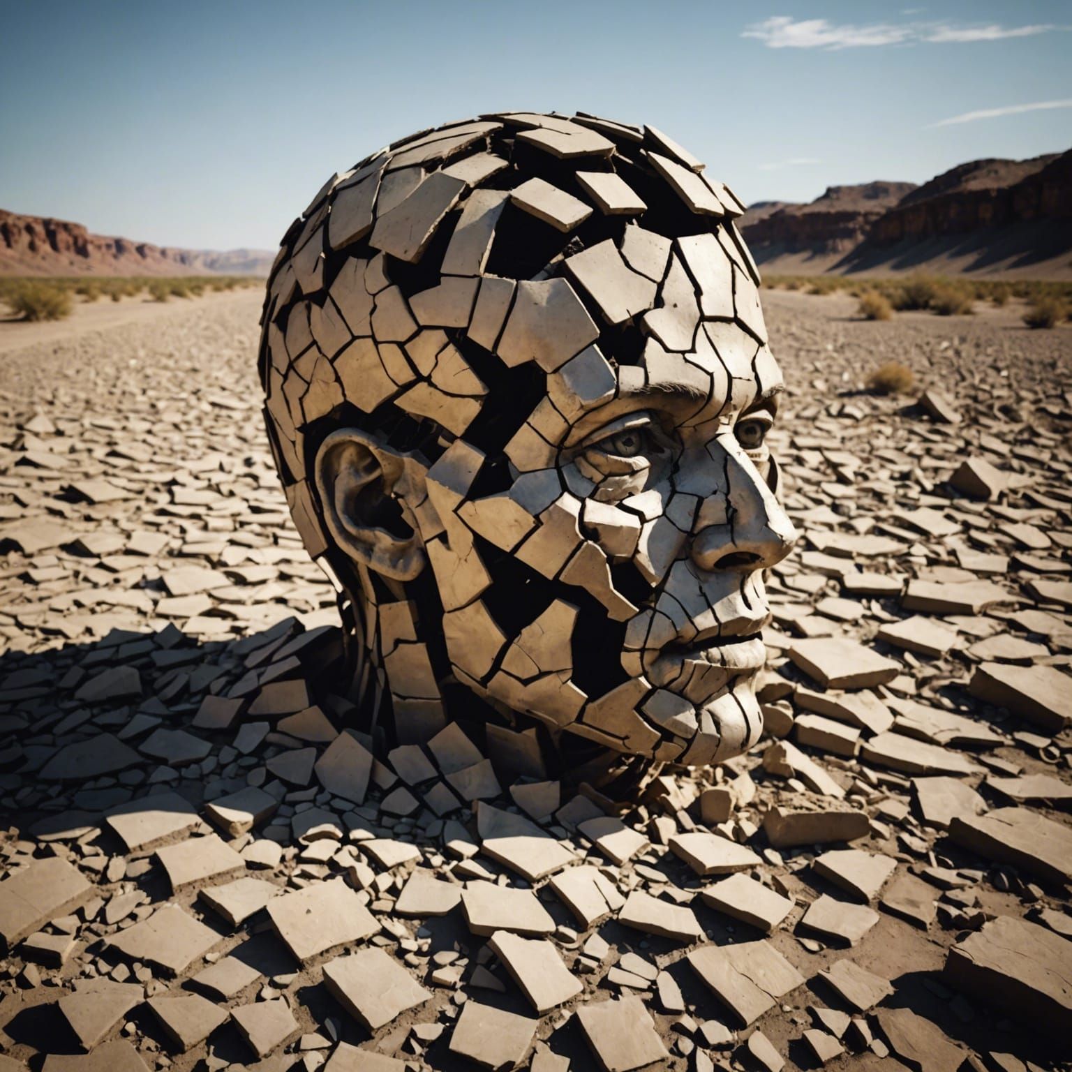 Getting up from a dried Riverbed Exploded wasteland art of the head, broken. Shattered, missing pieces ...  by @HarrietM