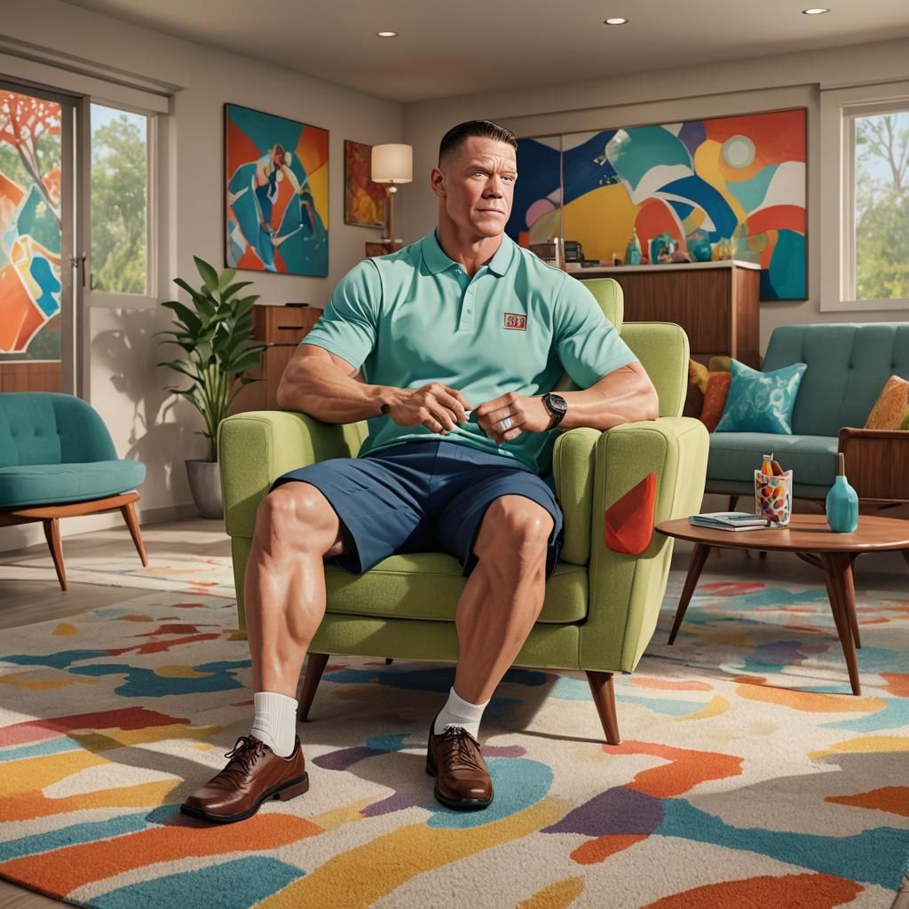 John Cena relaxing in a mid-century modern house.