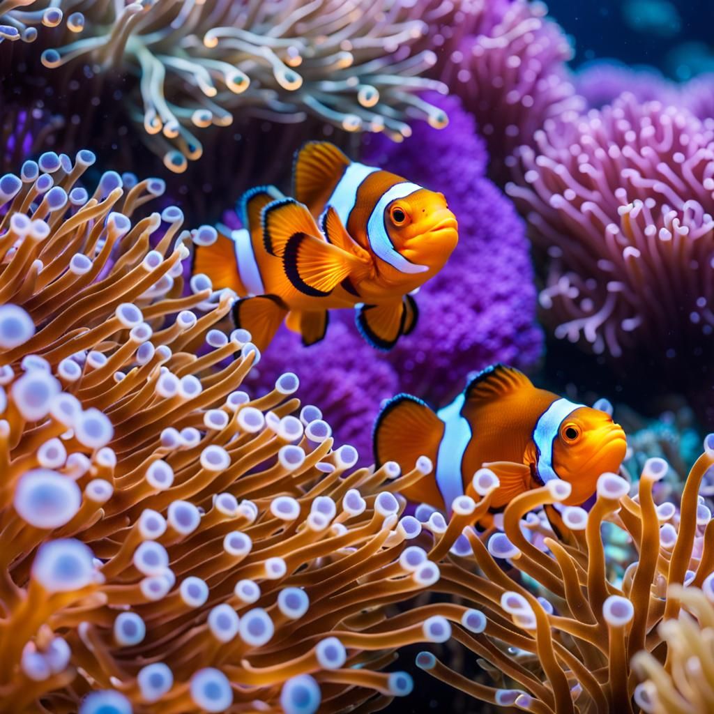 Foreground Clownfish swimming among the tentacles of a sea anemone background coral reef  by @Pep