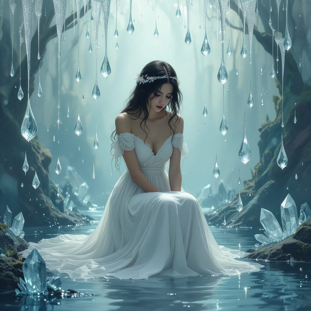 Melancholic Woman in Whimsical Realm of Tears