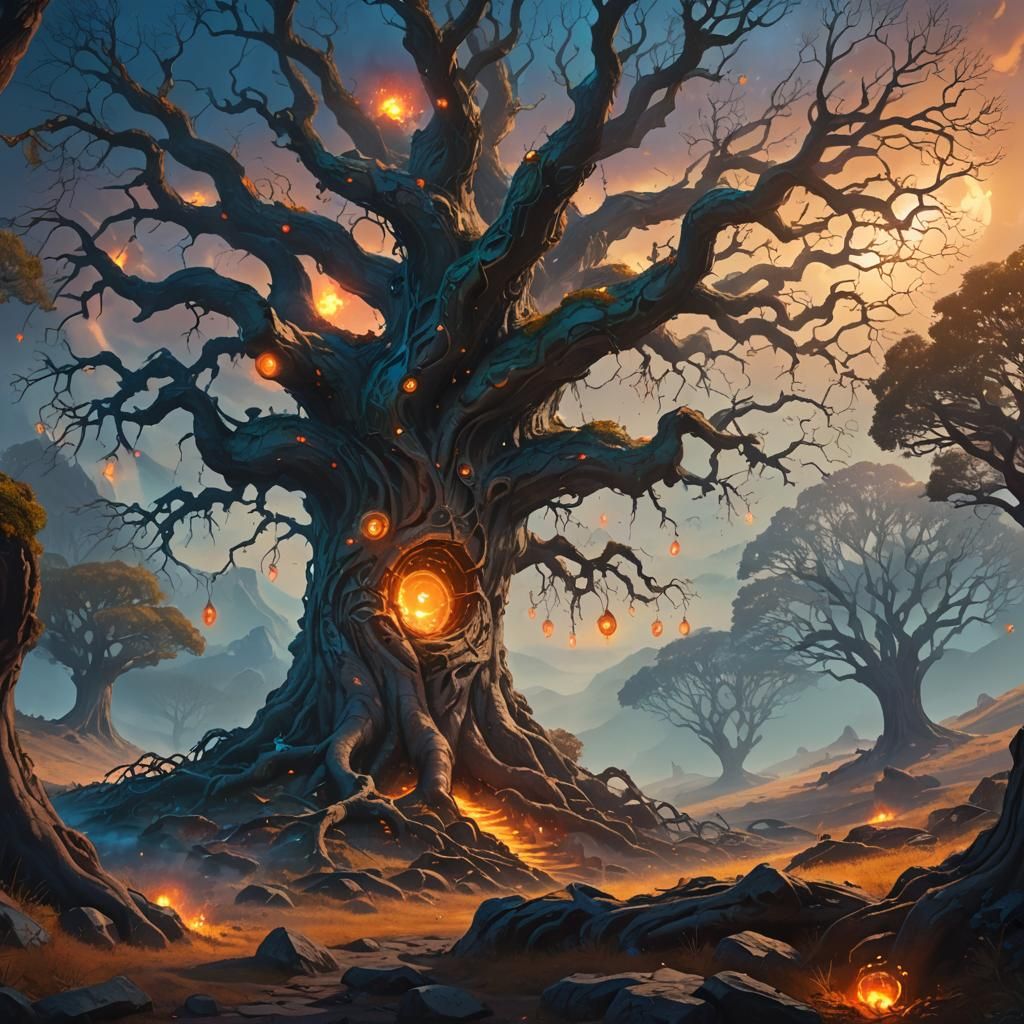 Ancient Tree Battleground in Epic Fantasy Style