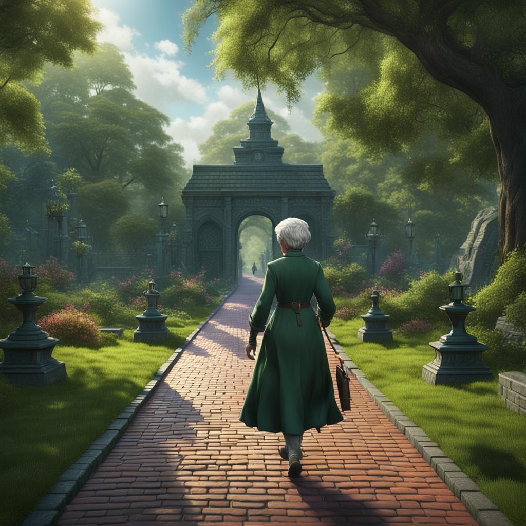 Lady with short grey hair walking down a brick path in a gre...