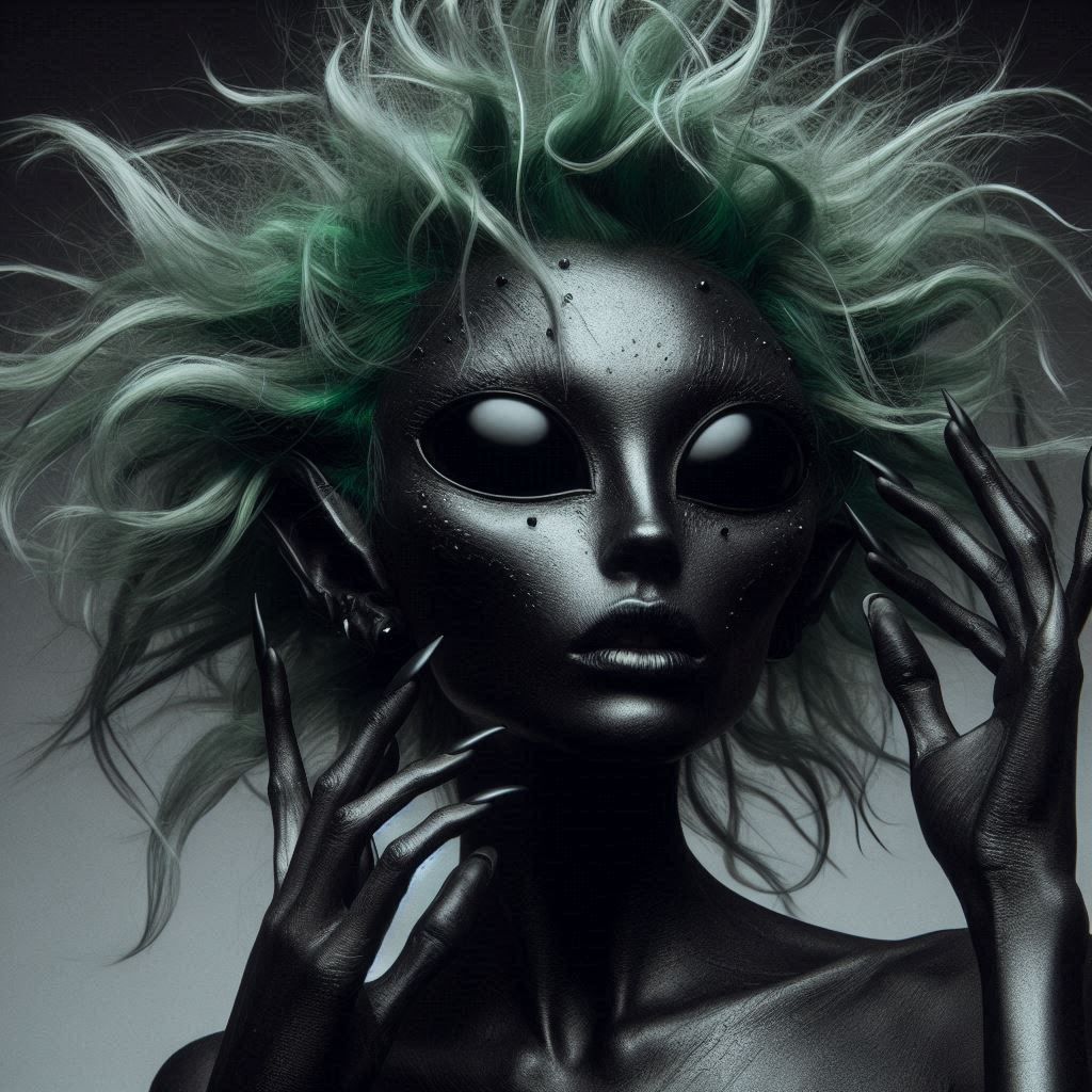 Black alien eyes tousled green hair