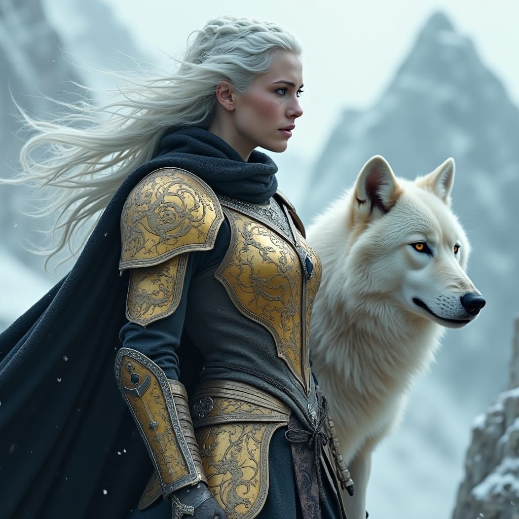 Ethereal Warrior Goddess with Majestic Wolf on Snowy Mountai...
