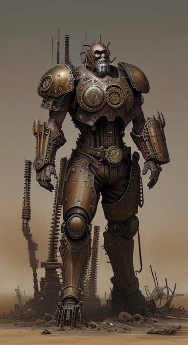 A steampunk war machine large and old rusted but working