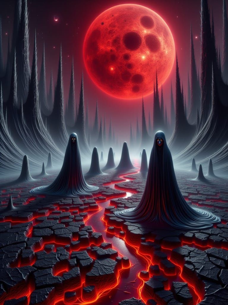 Desolate Realm Under Blood Moon with Smoke Shadows