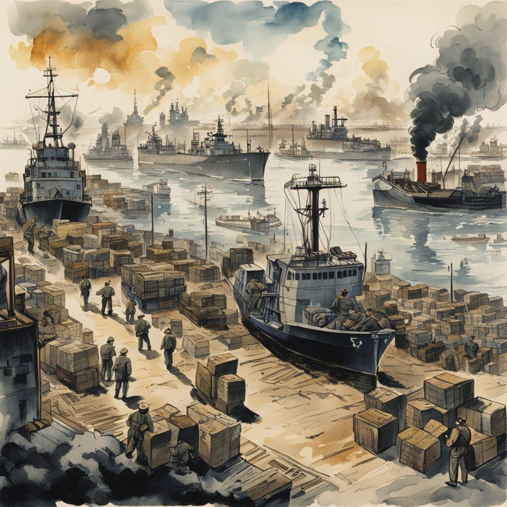 WWII-Era War Harbor Scene in Documentary Illustration Style